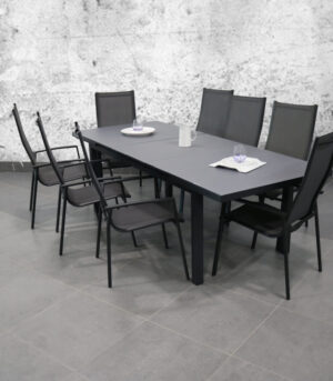 extension table light grey with hight textile 8 chairs