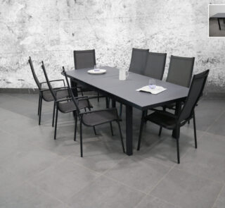 extension table light grey with hight textile 8 chairs
